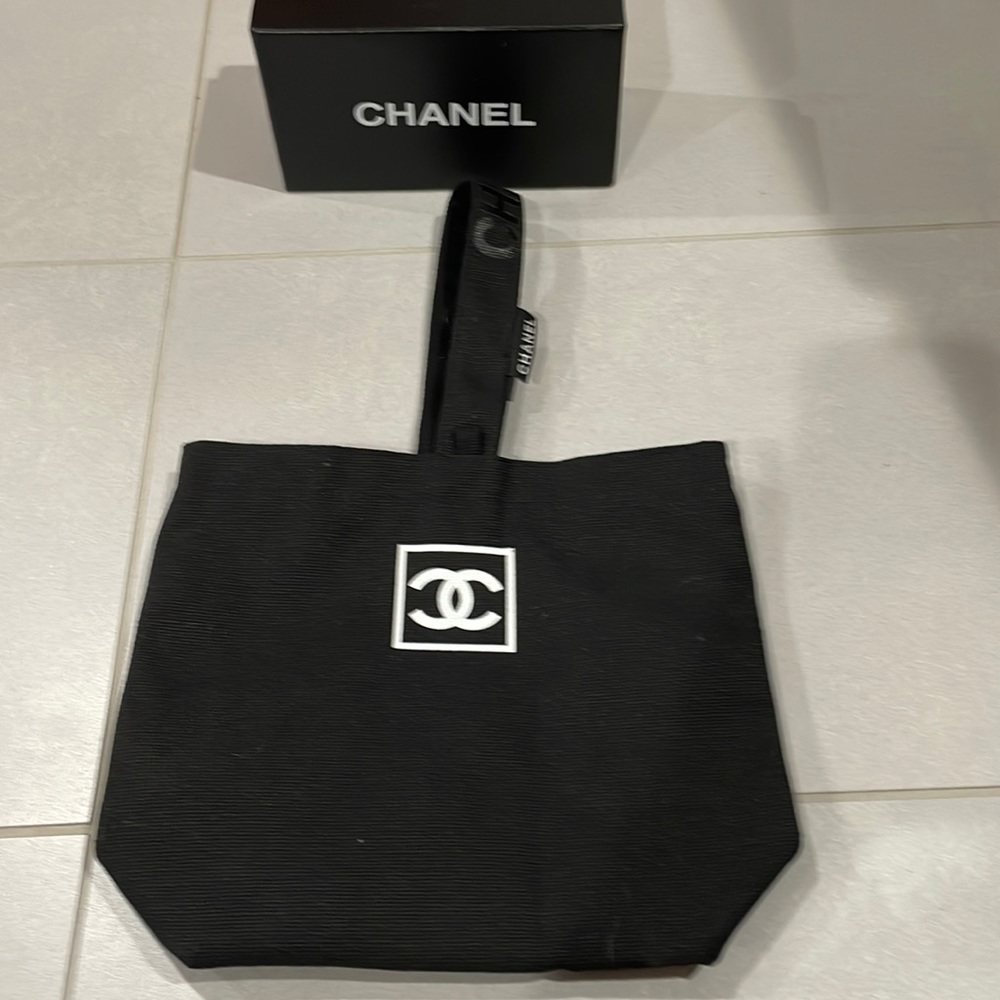 Chanel Black Canvas Bag Makeup Beauty Pouch Shoulder Bag -New